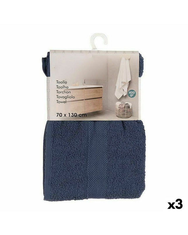 Set of three Berilo blue bath towels made of 80% cotton and 20% polyester, measuring 70x130 cm with fringed edges.