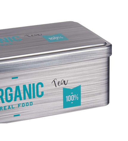 Kinvara organic tea infusion box with 24 gray tins, 11x7.1x18 cm, for home and kitchen tea storage.