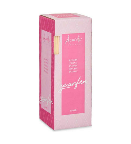 Set of six Acorde Pioenroos parfum sticks for home decor and fragrance, 250 ml each, in decorative packaging.
