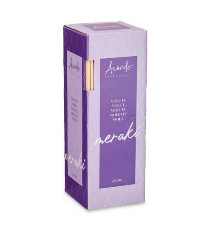 Set of six Acorde Parfum Sticks Acorde Paars 250 ml for home decor and fragrances, with purple sticks in a decorative display.