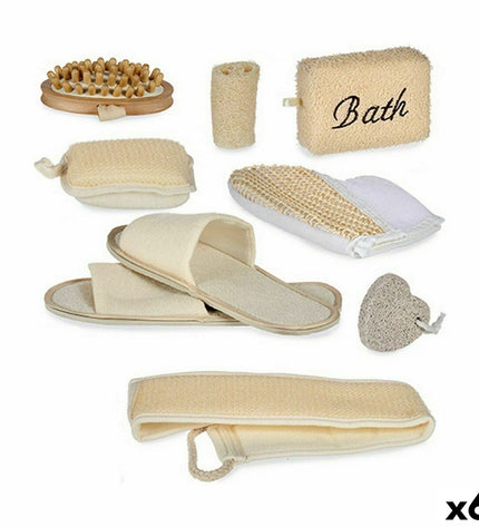 Set of six Berilo Bruin bathroom tiles, 30x6.5x30 cm, showing a warm brown ceramic design for home and kitchen bathrooms.