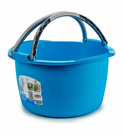 Set of 30 Stefanplast 16L plastic laundry baskets in blue, white, brown, and green with handles, measuring 39x22x39 cm.