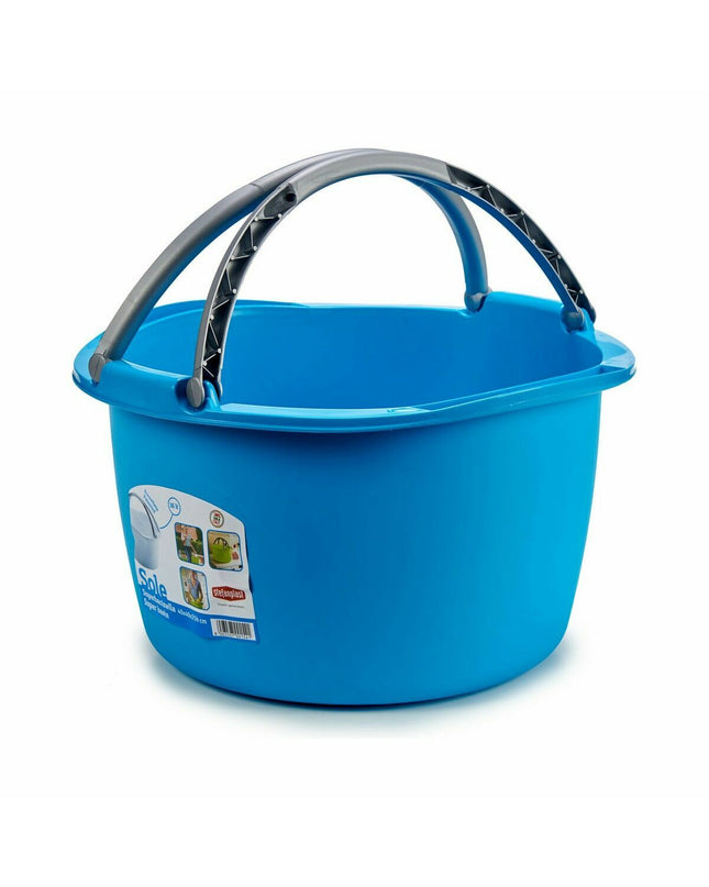 Set of 30 Stefanplast 16L plastic laundry baskets in blue, white, brown, and green with handles, measuring 39x22x39 cm.