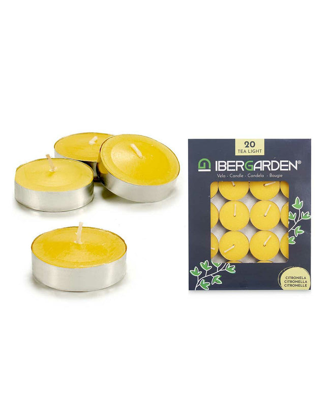 Set of 12 or 24 Ibergarden yellow citronella candles for outdoor garden decor, displayed in a natural outdoor setting.