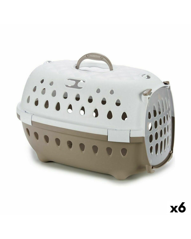 Set of six Stefanplast Chic cat carrying baskets in beige with rounded handles, measuring 50x34x34 cm.