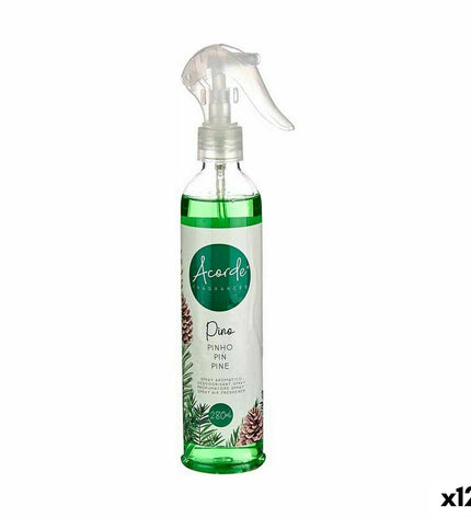 Acorde Pijnboom air freshener spray bottle with 280 ml capacity, displayed alongside six units, in a household and home decor setting.
