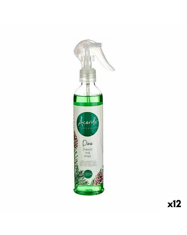 Acorde Pijnboom air freshener spray bottle with 280 ml capacity, displayed alongside six units, in a household and home decor setting.