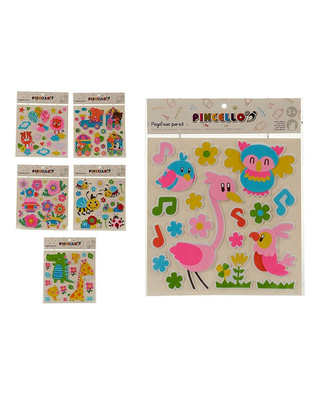 Colorful Pincello stickers in a variety of shapes and designs, arranged on a sheet for creative activities and crafts.