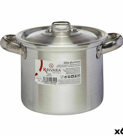 Set of six Kinvara aluminium casserole pans with lids, silver, 16x14x21cm and 20x14x16cm, ideal for home cooking and kitchen use.