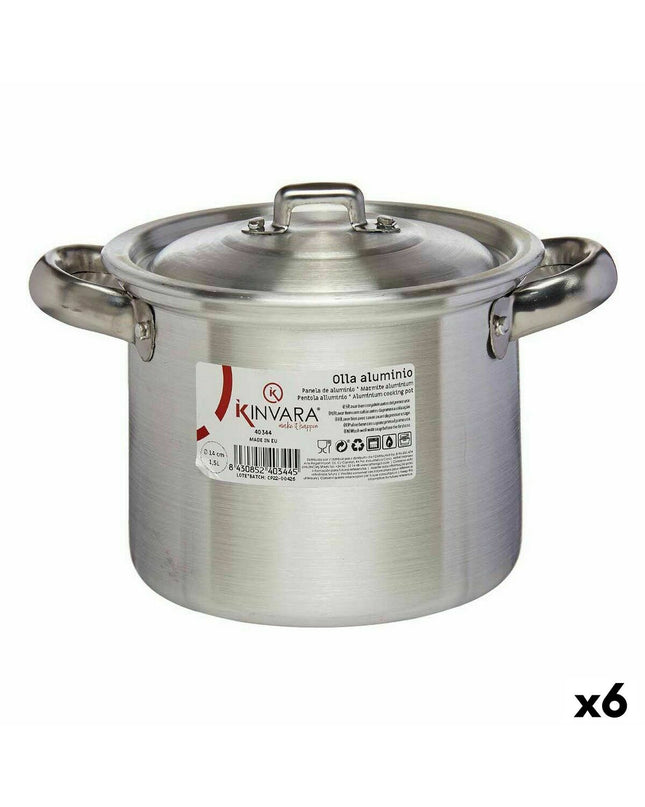 Set of six Kinvara aluminium casserole pans with lids, silver, 16x14x21cm and 20x14x16cm, ideal for home cooking and kitchen use.