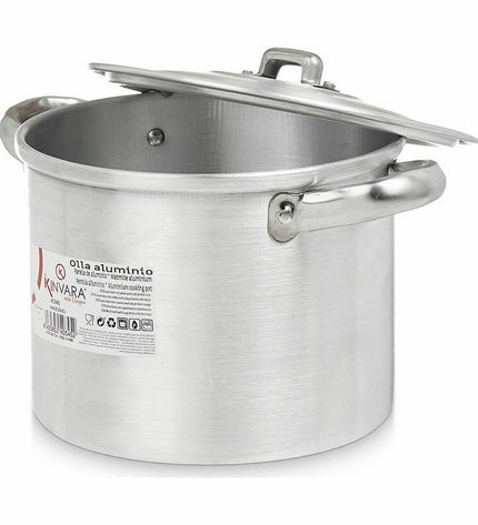Set of six silver Kinvara aluminium casserole pans with lids, measuring 23.5 x 15 x 18 cm, for kitchen and cooking use.