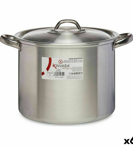 Set of six Kinvara silver aluminum casserole pans with lids, 33x21.5x26 cm, 24 cm diameter, ideal for cooking and household use.