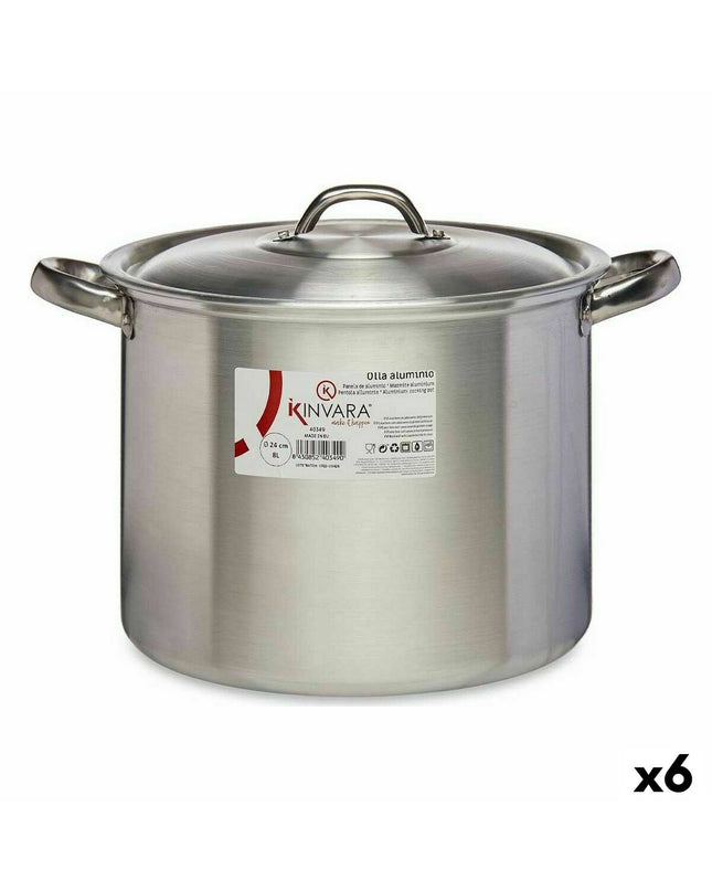 Set of six Kinvara silver aluminum casserole pans with lids, 33x21.5x26 cm, 24 cm diameter, ideal for cooking and household use.