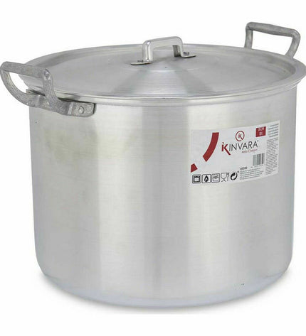 Set of four silver aluminium casserole pans with lids from Kinvara, measuring 35.5 x 24 x 28 cm, suitable for cooking and household use.