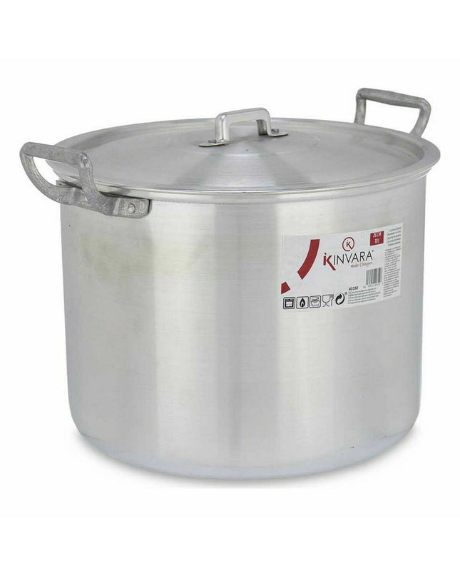 Set of four silver aluminium casserole pans with lids from Kinvara, measuring 35.5 x 24 x 28 cm, suitable for cooking and household use.