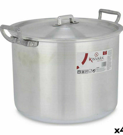 Set of four silver aluminum casserole pans with lids by Kinvara, measuring 35.5 x 24 x 28 cm, for home cooking and kitchen use.