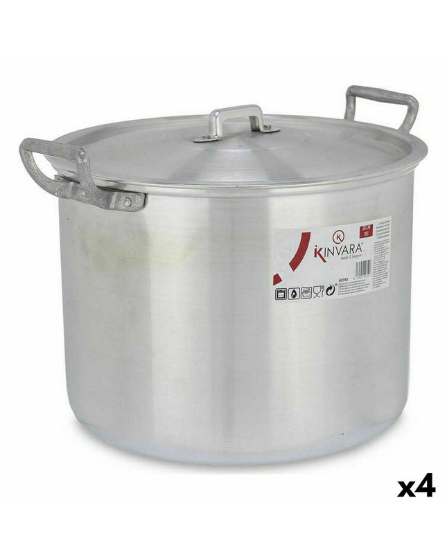 Set of four silver aluminum casserole pans with lids by Kinvara, measuring 35.5 x 24 x 28 cm, for home cooking and kitchen use.