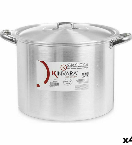 Set of four Kinvara silver aluminum casserole pans with lids, measuring 38x25x31 cm, ideal for home cooking and kitchen use.