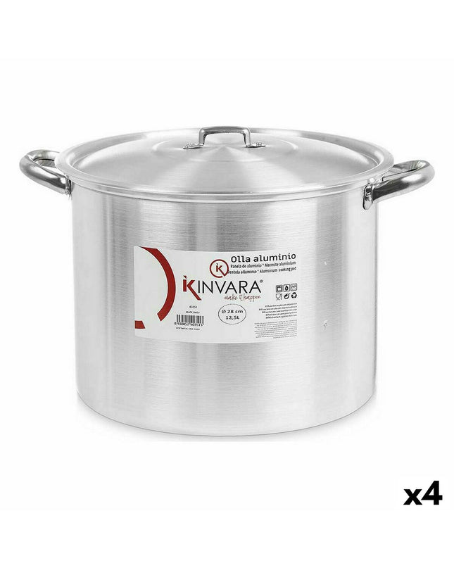 Set of four Kinvara silver aluminum casserole pans with lids, measuring 38x25x31 cm, ideal for home cooking and kitchen use.