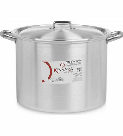 Set of two silver Kinvara aluminum casserole pans with lids, measuring 46 x 30 x 37 cm, 34 cm diameter, kitchen cookware.