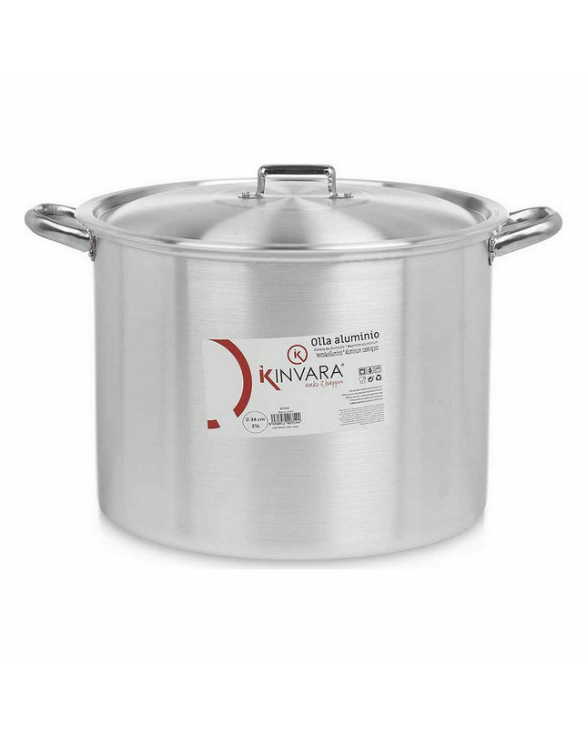Set of two silver Kinvara aluminum casserole pans with lids, measuring 46 x 30 x 37 cm, 34 cm diameter, kitchen cookware.