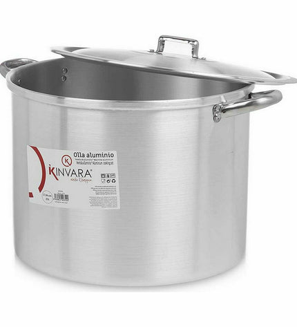 Pair of Kinvara silver aluminum casserole pans with lids, 46x30x37 cm, 34 cm diameter, suitable for home cooking kitchen use.