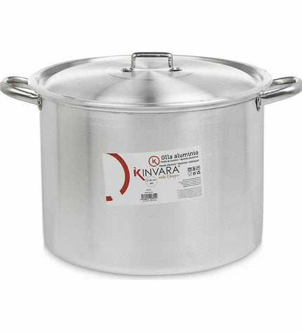 Kinvara silver aluminum casserole pans with lids, 48.5 x 31 x 39 cm, 36 cm diameter, set of two for home cooking.