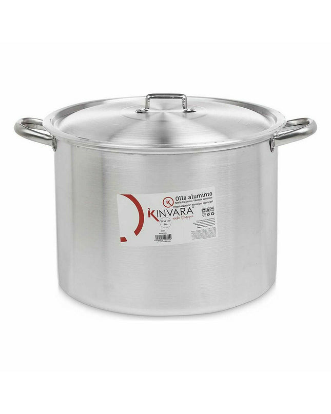 Kinvara silver aluminum casserole pans with lids, 48.5 x 31 x 39 cm, 36 cm diameter, set of two for home cooking.