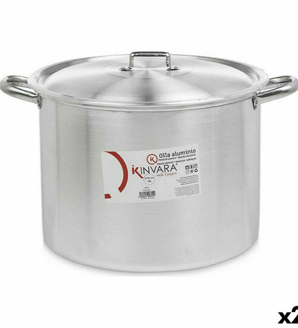 Set of two Kinvara aluminum casserole pans with lids, silver color, 48.5 x 31 x 39 cm, and 36 cm diameter, suitable for house and cooking.