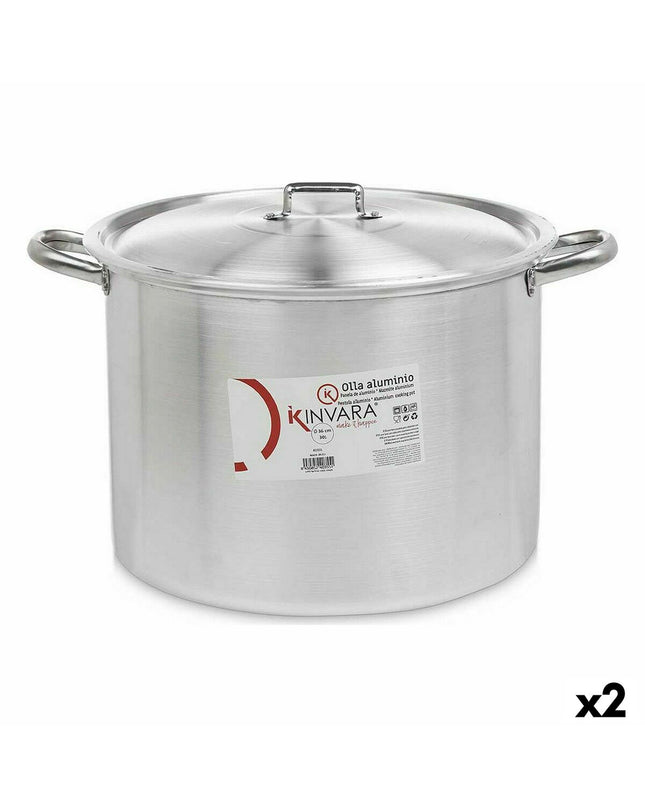 Set of two Kinvara aluminum casserole pans with lids, silver color, 48.5 x 31 x 39 cm, and 36 cm diameter, suitable for house and cooking.