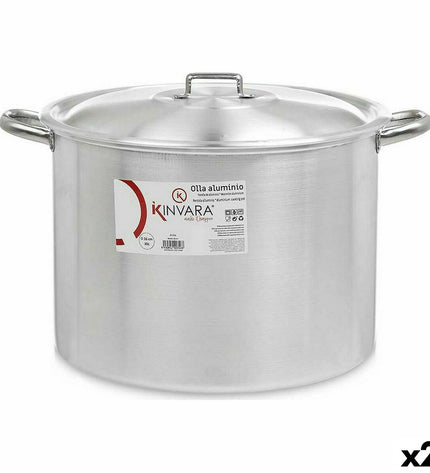 Pair of Kinvara silver aluminum casserole pans with lids, measuring 50.5 x 32 x 41 cm, with 36 cm diameter, kitchen cookware.