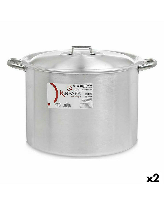 Pair of Kinvara silver aluminum casserole pans with lids, measuring 50.5 x 32 x 41 cm, with 36 cm diameter, kitchen cookware.