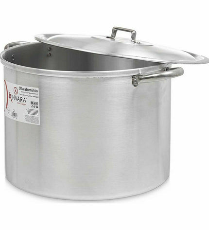 Two Kinvara silver aluminum casserole pans with lids, measuring 50.5 x 32 x 41 cm, with 36 cm diameters, for home cooking.