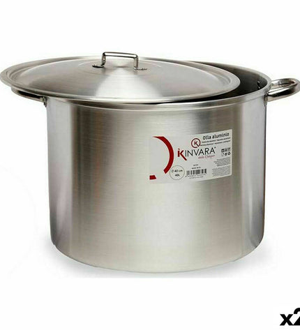 Two silver Kinvara aluminum casserole pans with lids, measuring 53 x 34 x 43 cm, suitable for home cooking and kitchen use.