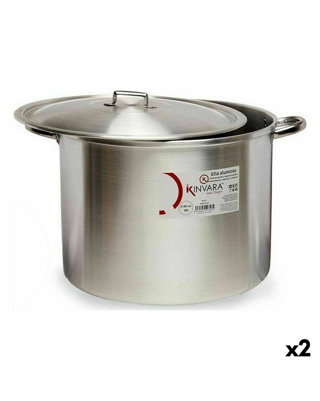 Two silver Kinvara aluminum casserole pans with lids, measuring 53 x 34 x 43 cm, suitable for home cooking and kitchen use.