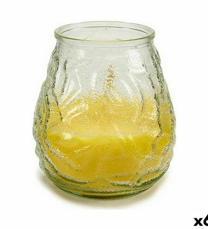 Set of 6 yellow Ibergarden outdoor citronella candles in transparent glass, 9x10x9 cm, for garden decoration and insect repellent.
