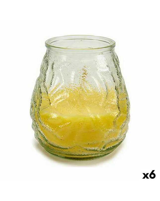 Set of 6 yellow Ibergarden outdoor citronella candles in transparent glass, 9x10x9 cm, for garden decoration and insect repellent.