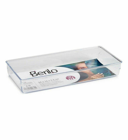 Transparent Berilo multi-function organiser for bathroom and kitchen, measures 15.5 x 5.5 x 34.5 cm, set of 36 units.