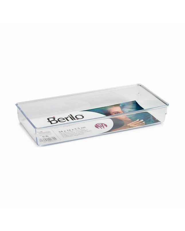 Transparent Berilo multi-function organiser for bathroom and kitchen, measures 15.5 x 5.5 x 34.5 cm, set of 36 units.
