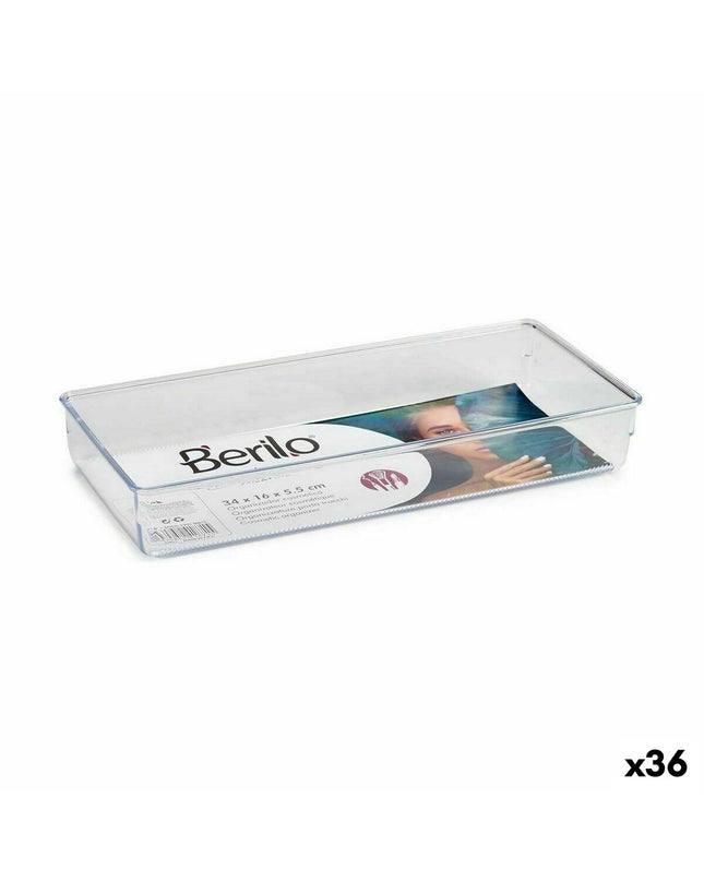 Berilo multi-function organiser in transparent plastic for home and bathroom, measuring 15.5 x 5.5 x 34.5 cm, set of 36.