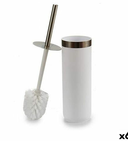 Set of six Berilo white and silver plastic toilet brushes with handles, measuring 9.5 x 38.5 x 9.5 cm, for bathroom cleaning.