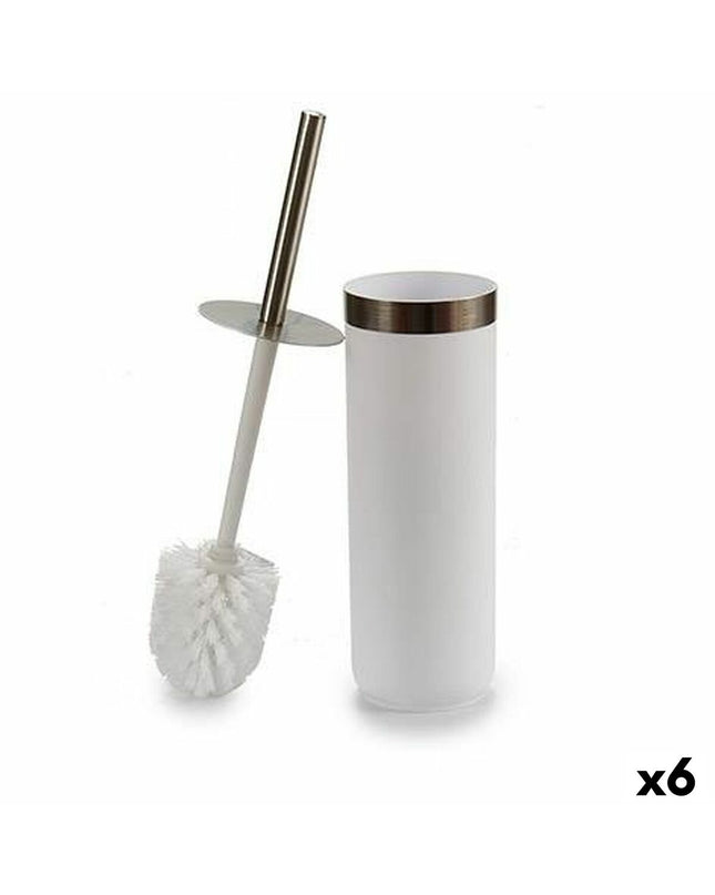 Set of six Berilo white and silver plastic toilet brushes with handles, measuring 9.5 x 38.5 x 9.5 cm, for bathroom cleaning.