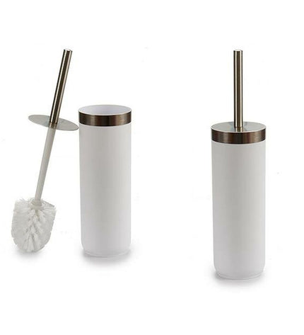 Set of six Berilo white and silver plastic toilet brushes with handles, measuring 9.5x38.5x9.5 cm, for bathroom cleaning.