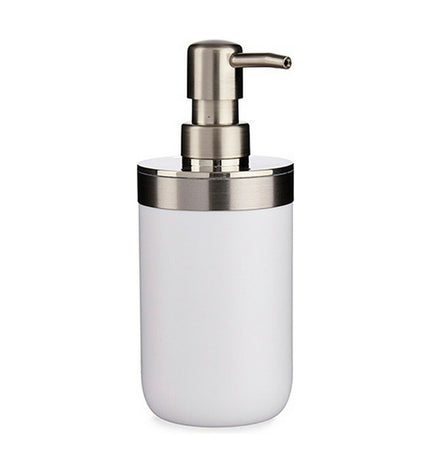 Set of six Berilo white and silver plastic soap dispensers, 350 ml, suitable for bathroom and kitchen use.
