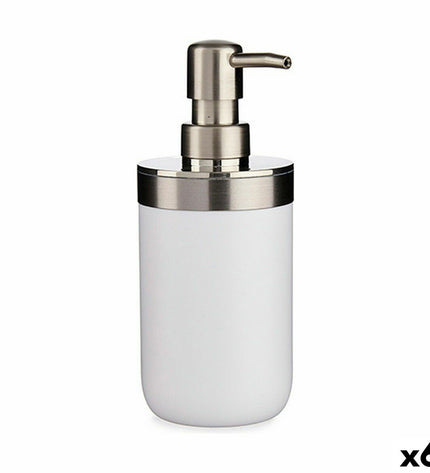 Set of six Berilo white and silver plastic soap dispensers for bathroom, 350 ml capacity, compact 8x17x9 cm.