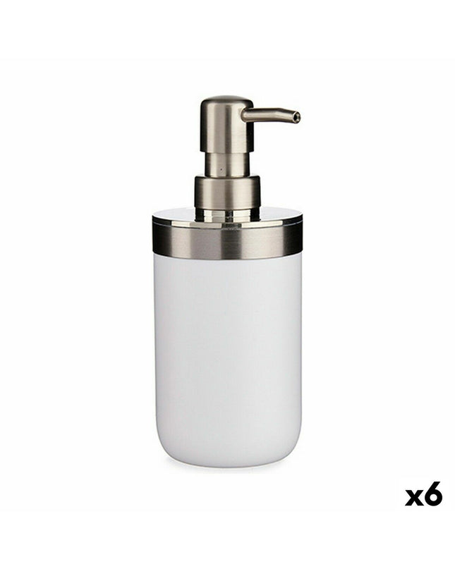 Set of six Berilo white and silver plastic soap dispensers for bathroom, 350 ml capacity, compact 8x17x9 cm.