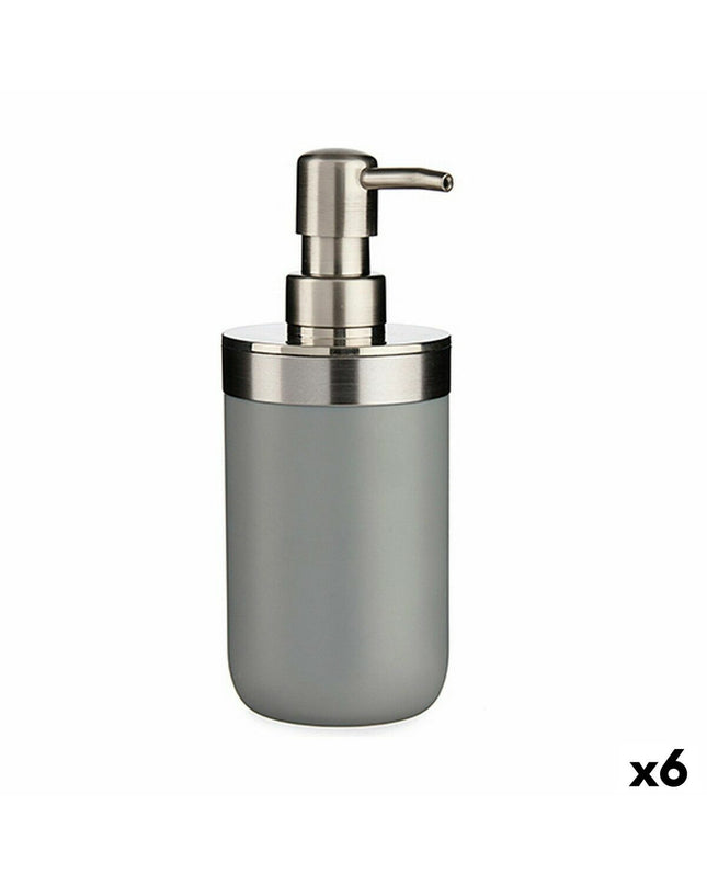 Set of six Berilo gray plastic soap dispensers for bathroom and kitchen, 350 ml capacity, compact 8x17x9 cm.
