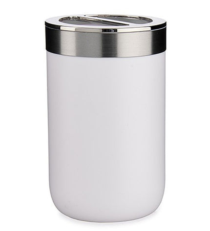 Berilo white plastic toothbrush holder set with silver finish, 7.7x11.5 cm, for bathroom organization, six pieces included.