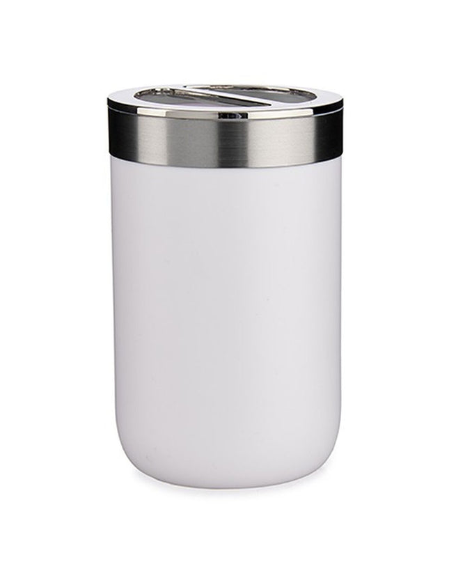 Berilo white plastic toothbrush holder set with silver finish, 7.7x11.5 cm, for bathroom organization, six pieces included.