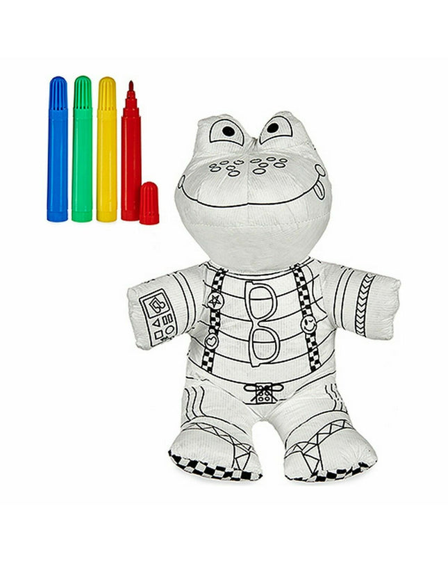 Set of 8 Pincello soft coloring plush frogs in white and black polyester and polyethylene, suitable for children’s play and coloring.